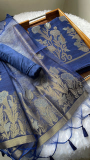 Woven Whispers Navy Blue Jamdani Muga Silk Unstitched Suit Set